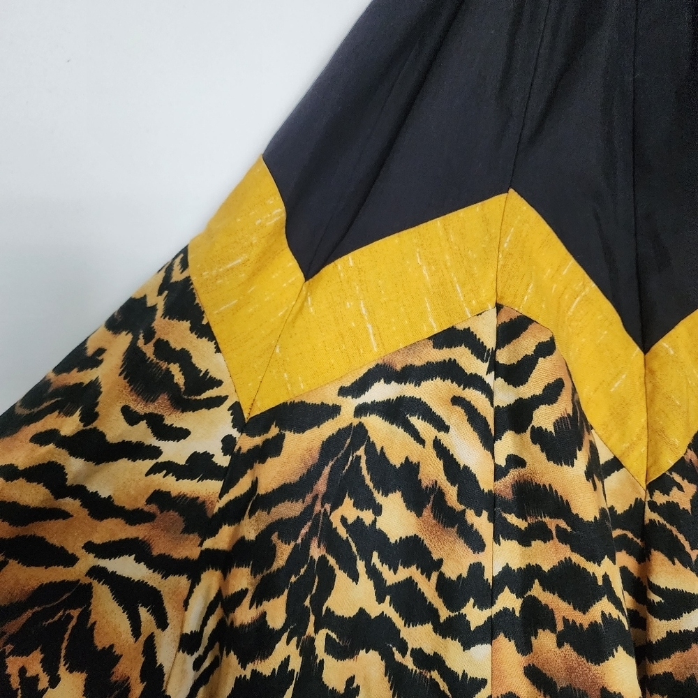 Vintage 80s Tiger Animal Print Midi Skirt Chevron Waist High Rise Boho Pin Up - Picture 8 of 9